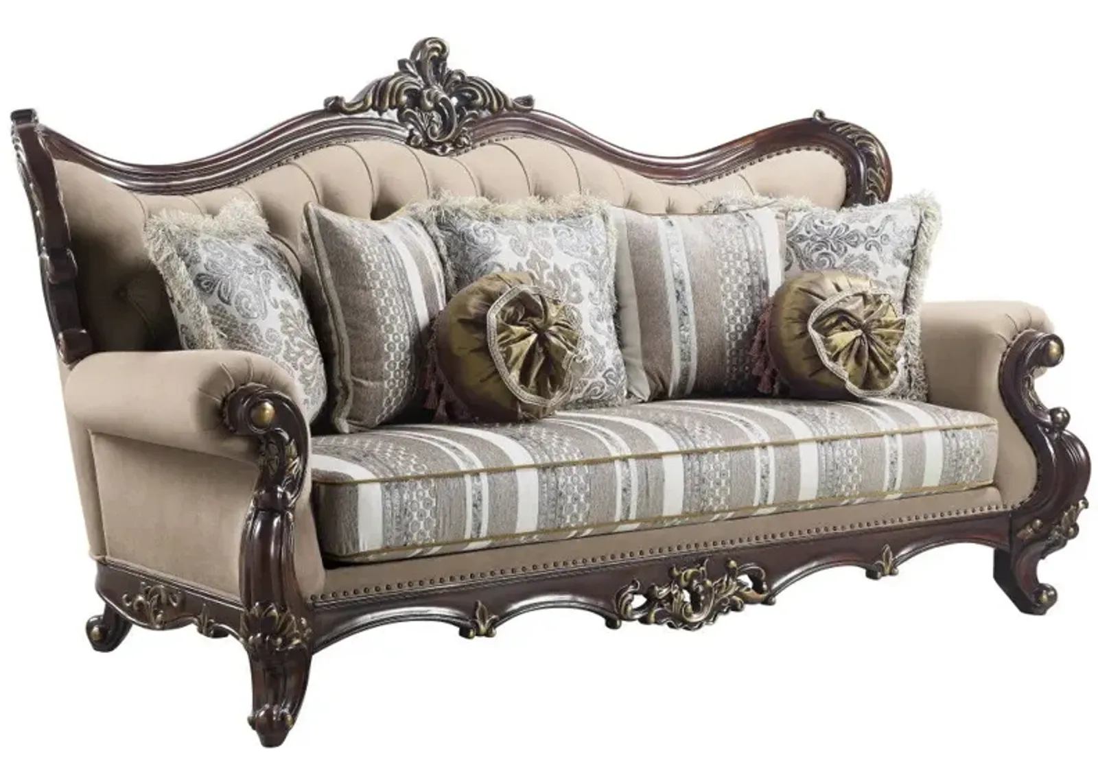 Linen Damask Sofa And Toss Pillows - Brown