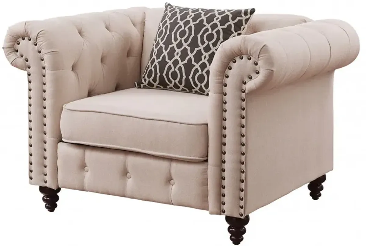 Linen And Black Tufted Chesterfield Chair - Beige