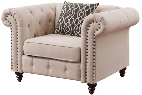 Linen And Black Tufted Chesterfield Chair - Beige