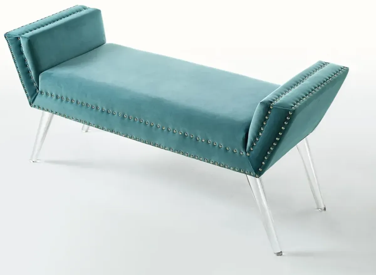 Upholstered Velvet Bench - Slate Blue / Clear
