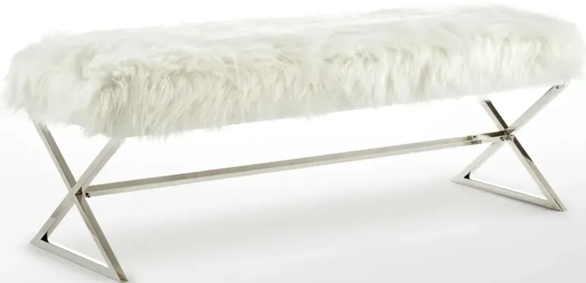 Faux Fur Bench Upholstered - White / Silver