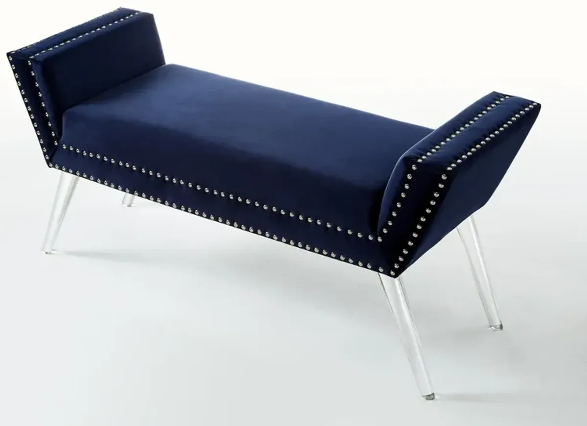 Upholstered Velvet Bench - Navy Blue / Clear