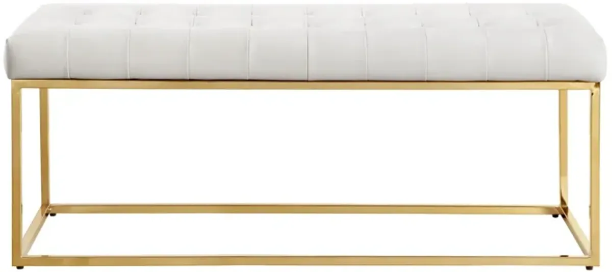 Upholstered Faux Leather Bench - White / Gold