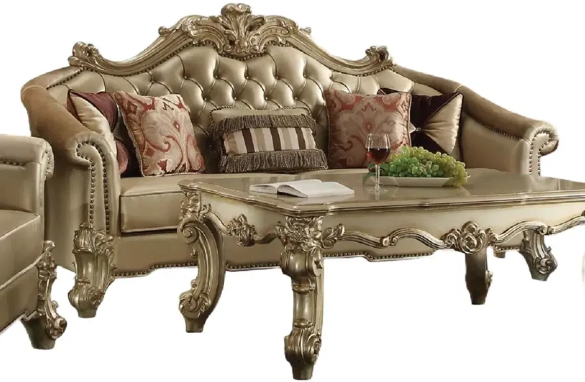 Faux Leather And Gold Sofa With Five Toss Pillows - Bone