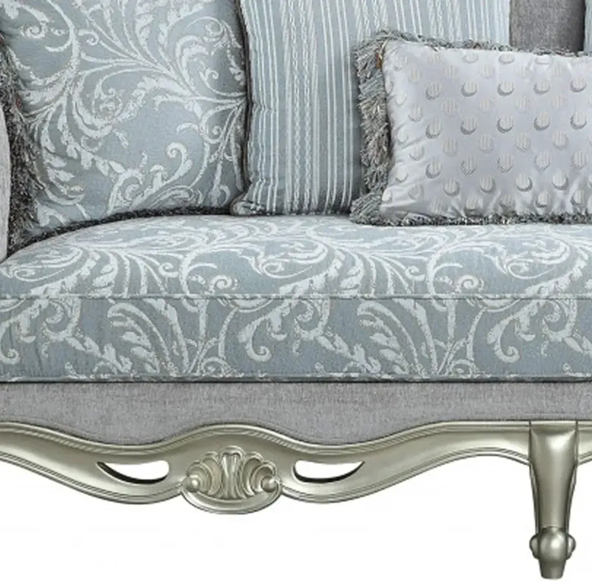 Linen Damask Sofa And Toss Pillows With Champagne Legs - Light Gray