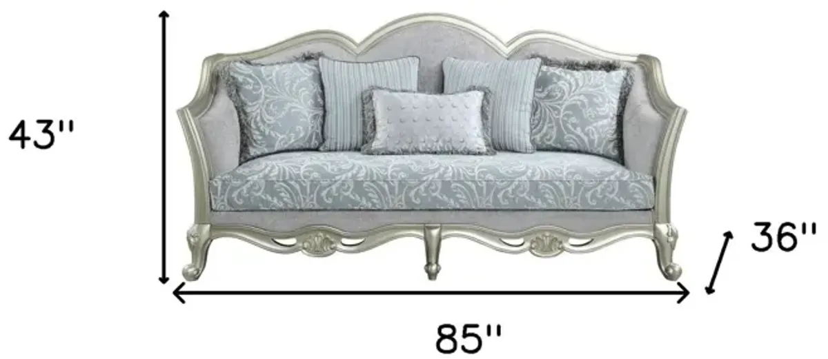 Linen Damask Sofa And Toss Pillows With Champagne Legs - Light Gray