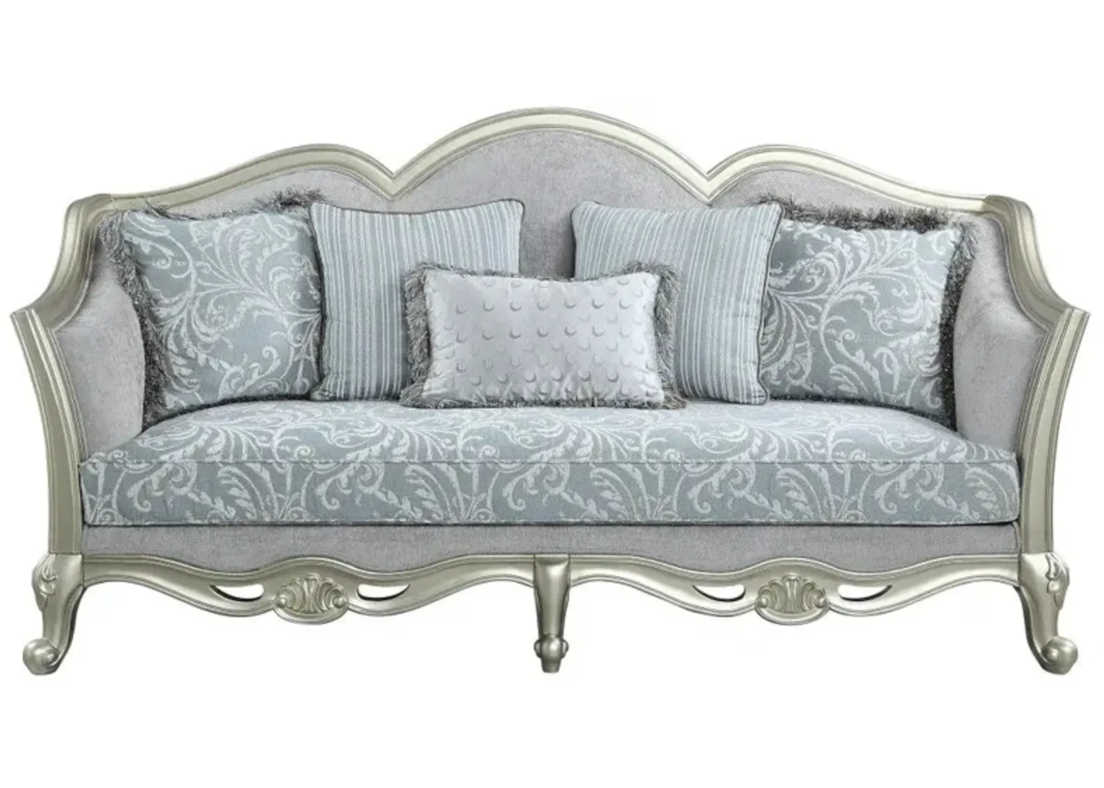 Linen Damask Sofa And Toss Pillows With Champagne Legs - Light Gray