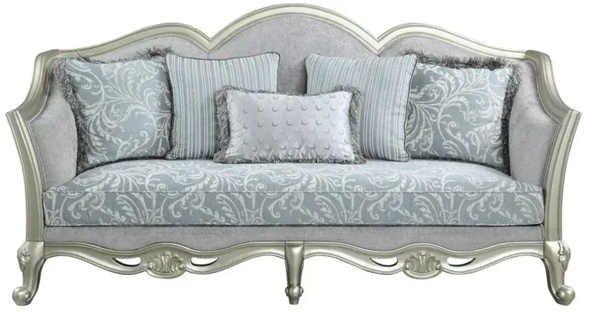 Linen Damask Sofa And Toss Pillows With Champagne Legs - Light Gray