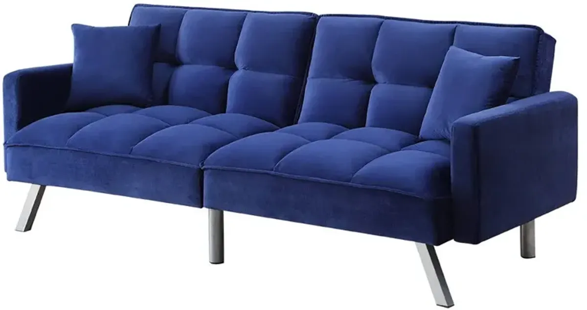 Velvet Sleeper Sofa And Toss Pillows With Black Legs - Blue