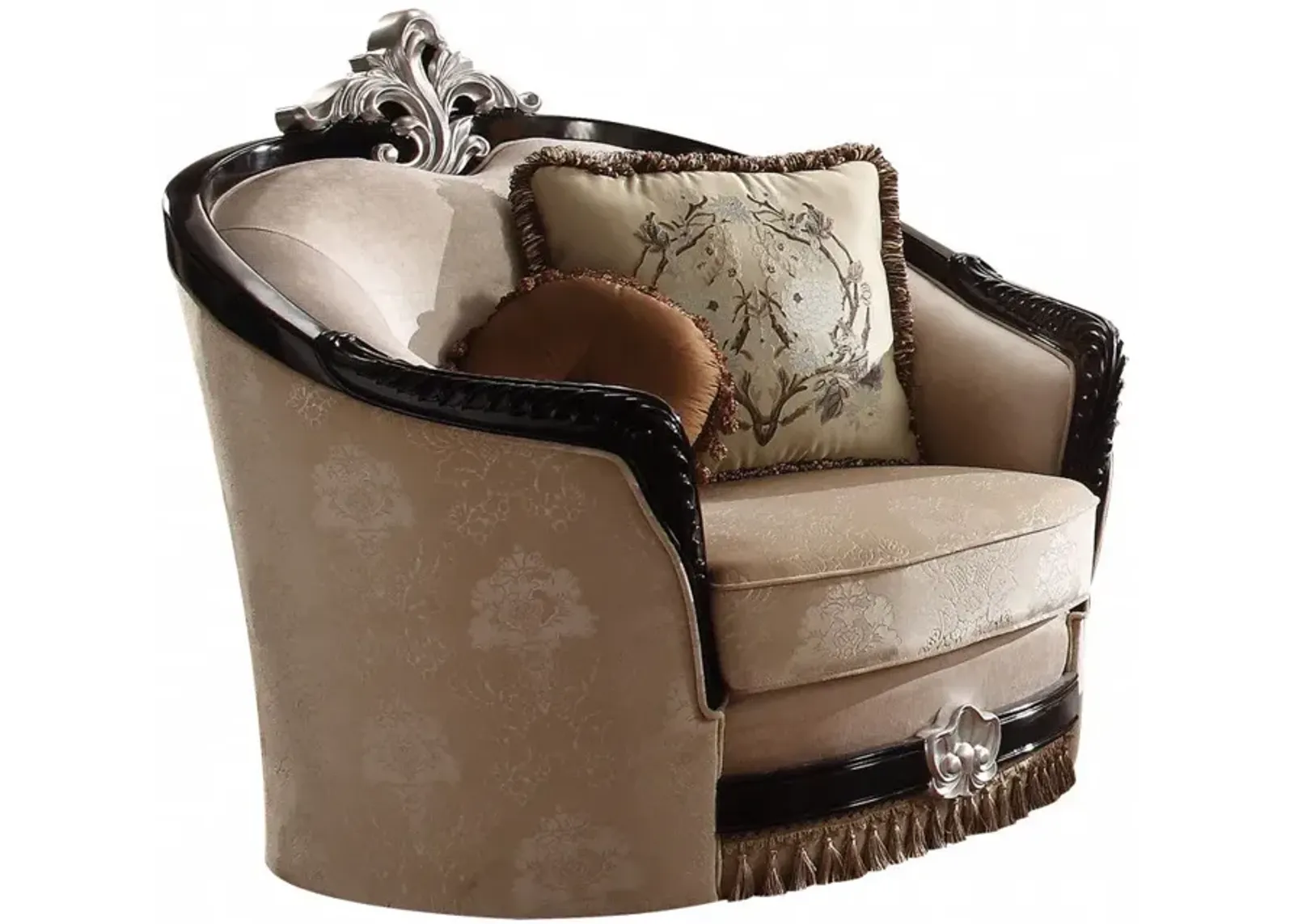 Fabric And Black Ornate Frame Damask Arm Chair With Accent Pillows - Tan