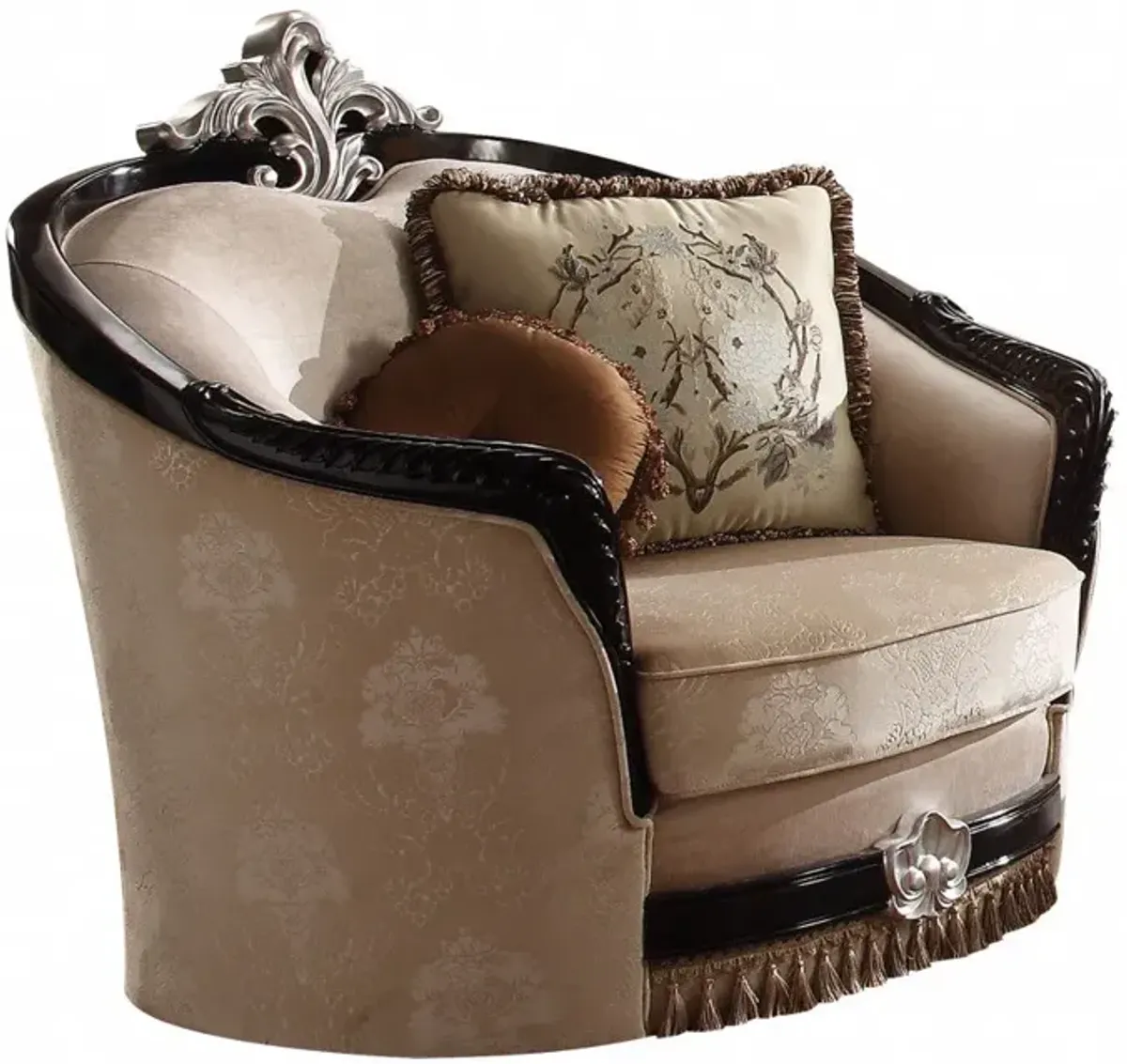 Fabric And Black Ornate Frame Damask Arm Chair With Accent Pillows - Tan