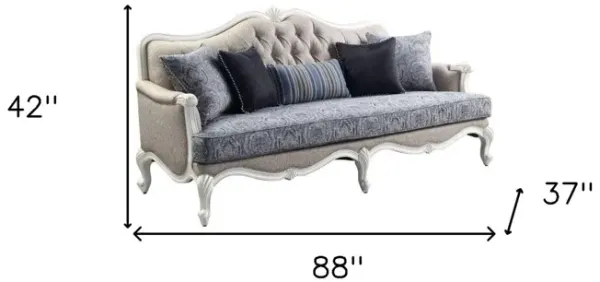 Linen Damask Sofa And Toss Pillows With White Legs - Cream