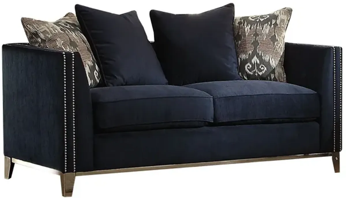 Velvet Loveseat And Toss Pillows - Blue / Silver