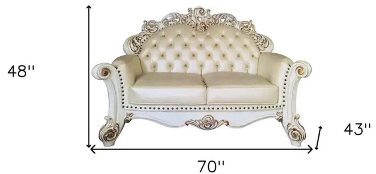 Faux Leather Loveseat And Toss Pillows - Champagne / Pearl