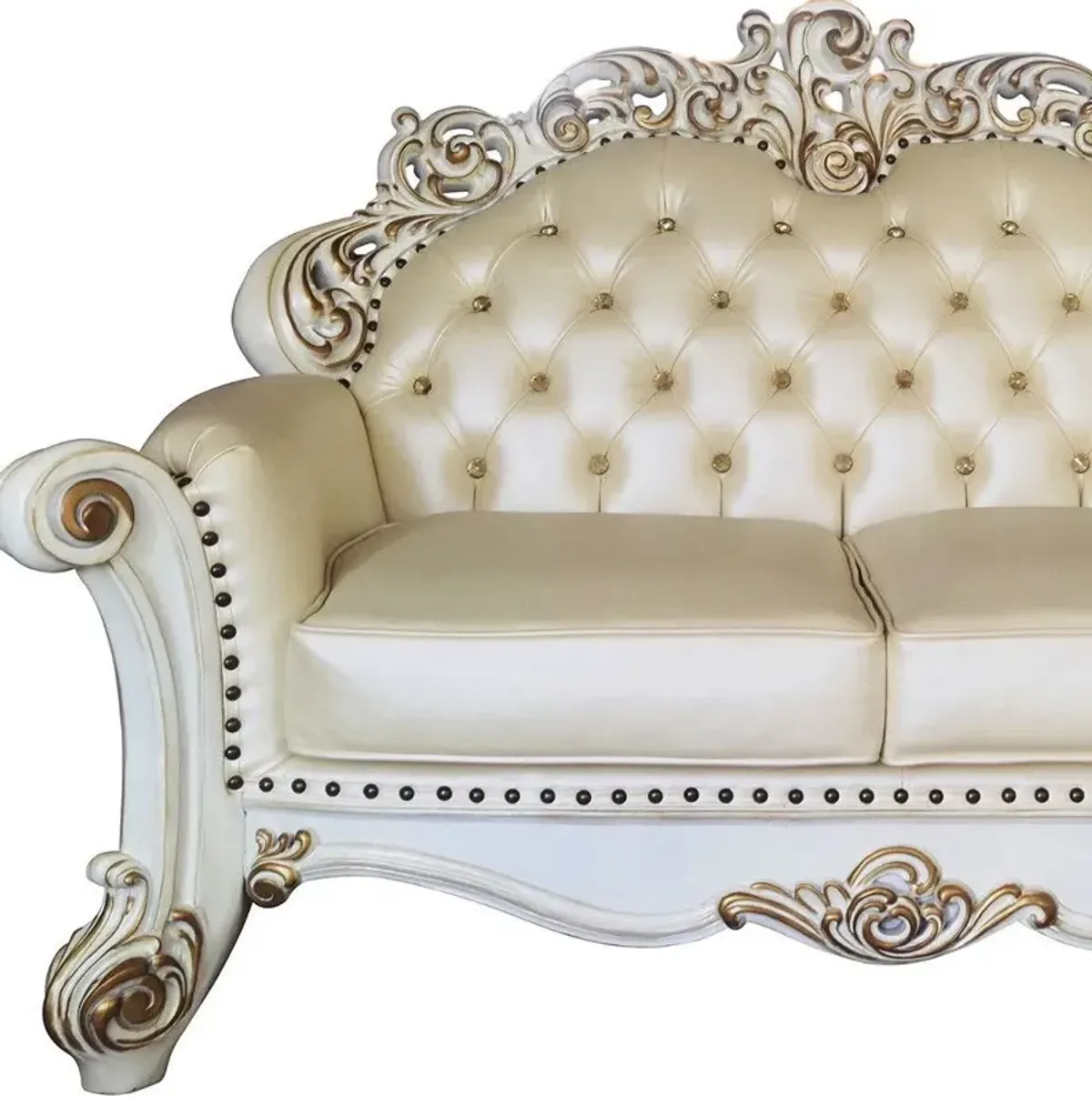 Faux Leather Loveseat And Toss Pillows - Champagne / Pearl