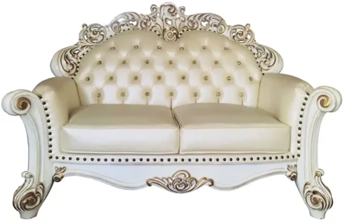 Faux Leather Loveseat And Toss Pillows - Champagne / Pearl