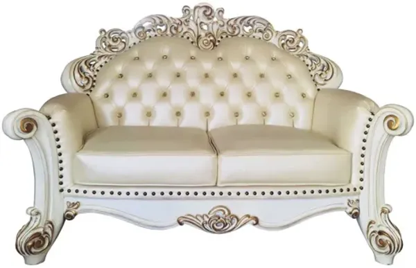 Faux Leather Loveseat And Toss Pillows - Champagne / Pearl