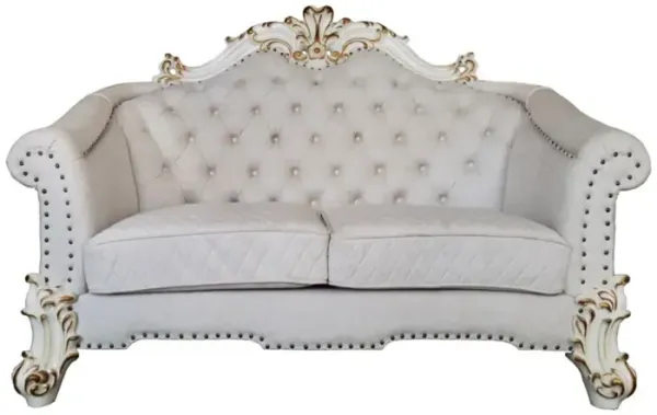 Two Tone Velvet Loveseat And Toss Pillows - Ivory / Pearl