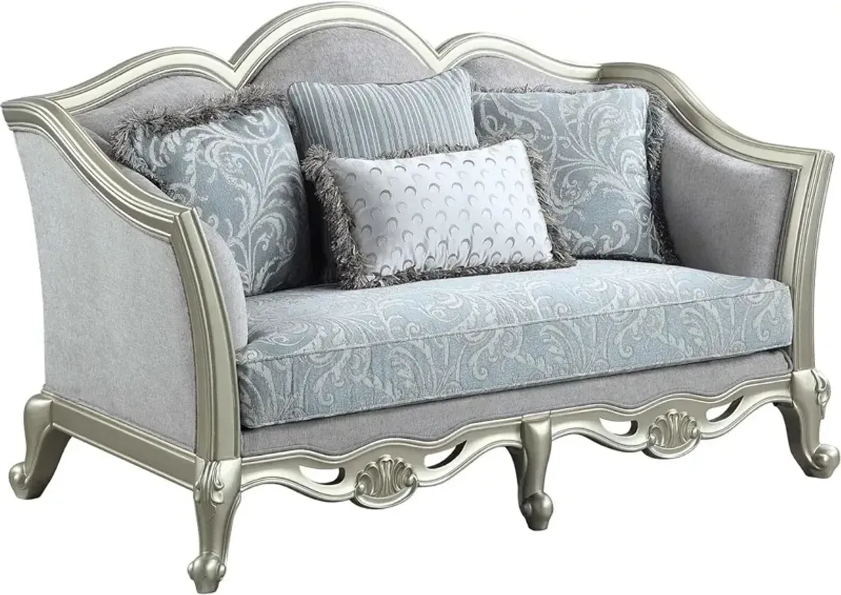 Damask Linen Curved Loveseat And Toss Pillows - Light Gray / Champagne