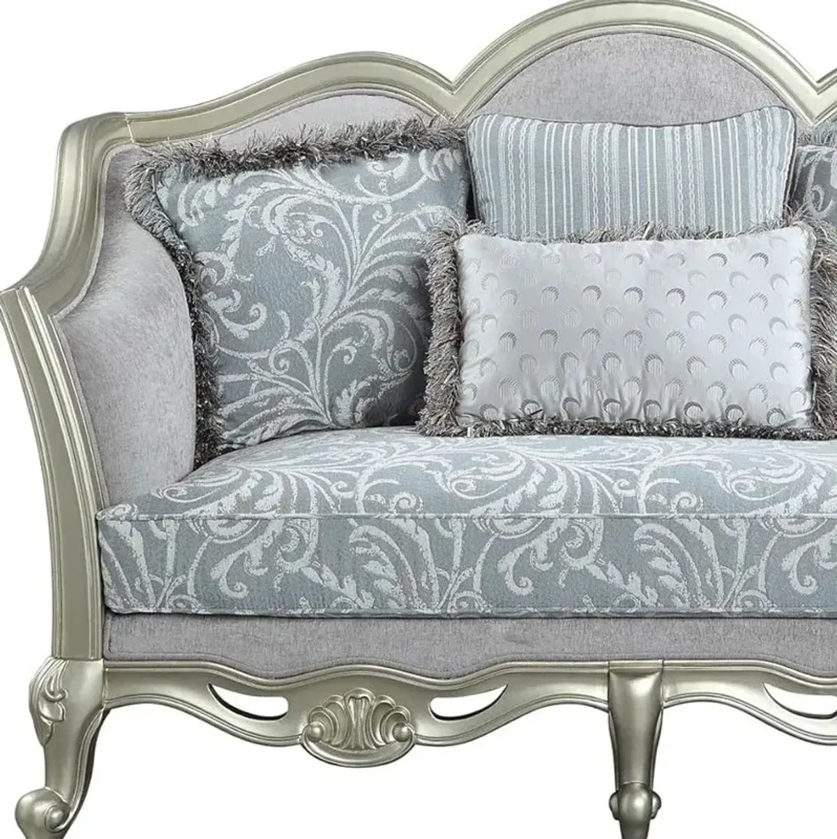 Damask Linen Curved Loveseat And Toss Pillows - Light Gray / Champagne