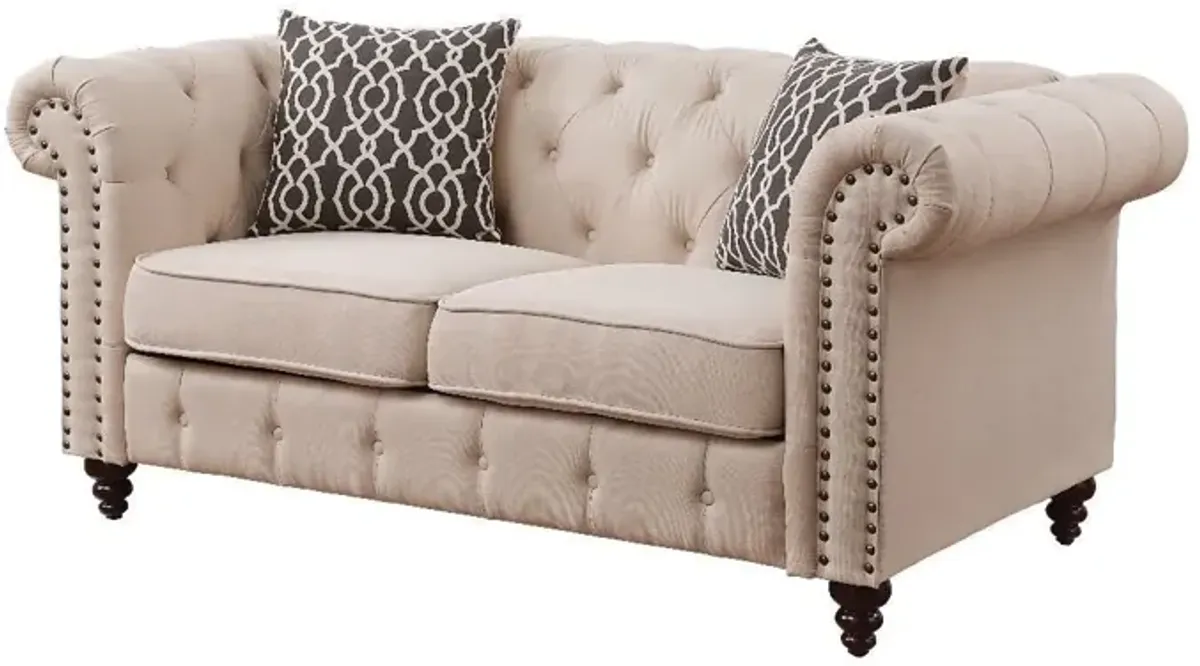 Brown Linen Loveseat - Beige / Dark