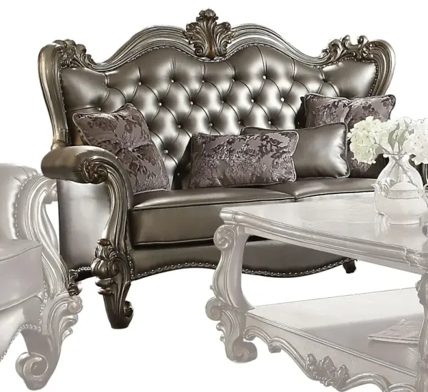 Faux Leather Loveseat And Toss Pillows - Silver / Platinum