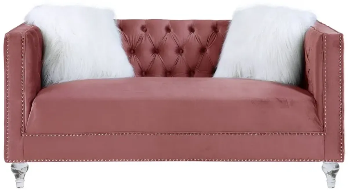 Velvet Love Seat And Toss Pillows - Pink / Silver