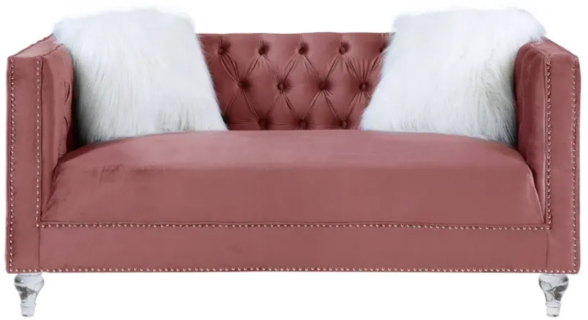 Velvet Love Seat And Toss Pillows - Pink / Silver