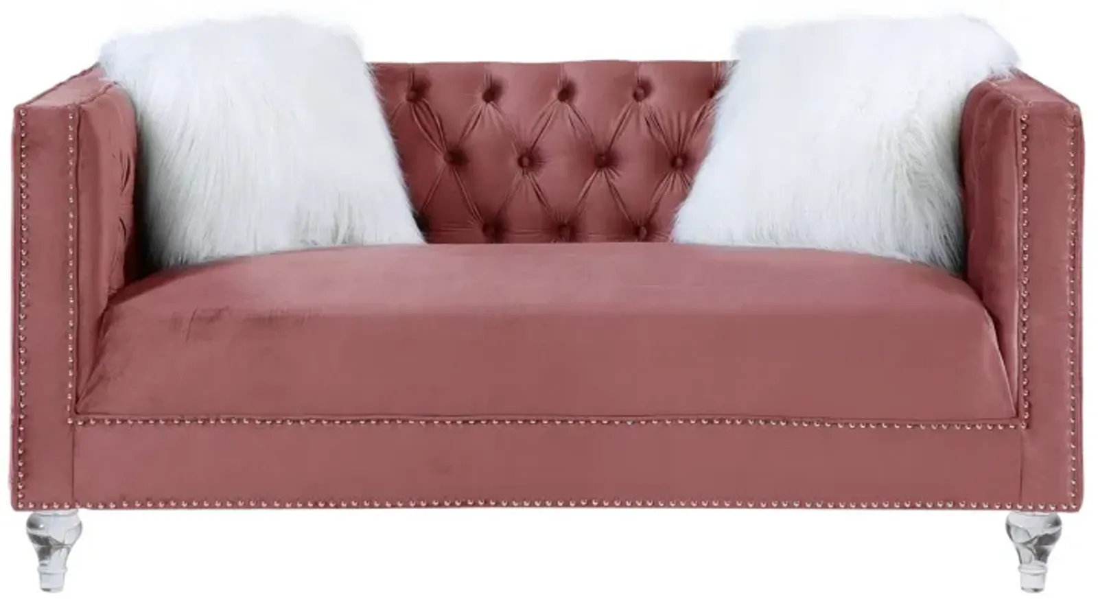 Velvet Love Seat And Toss Pillows - Pink / Silver