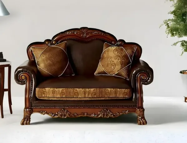 Chenille Faux Leather And Cherry Oak Love Seat - Brown