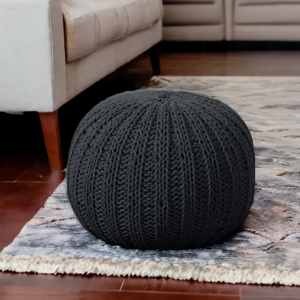 Round Cotton Ottoman - Black