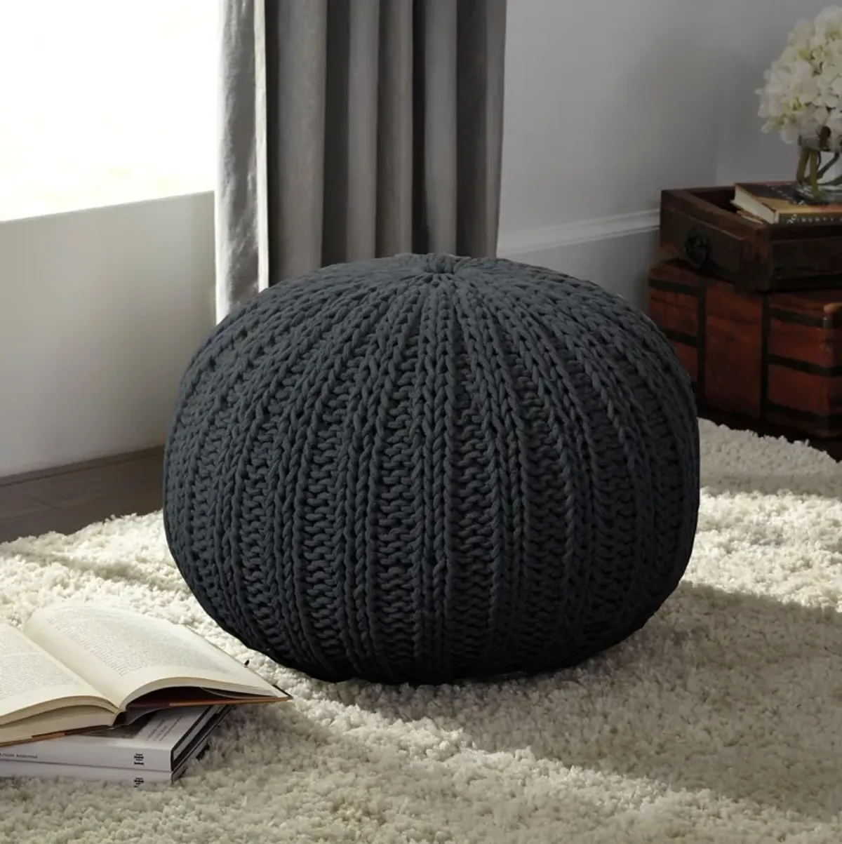 Round Cotton Ottoman - Black