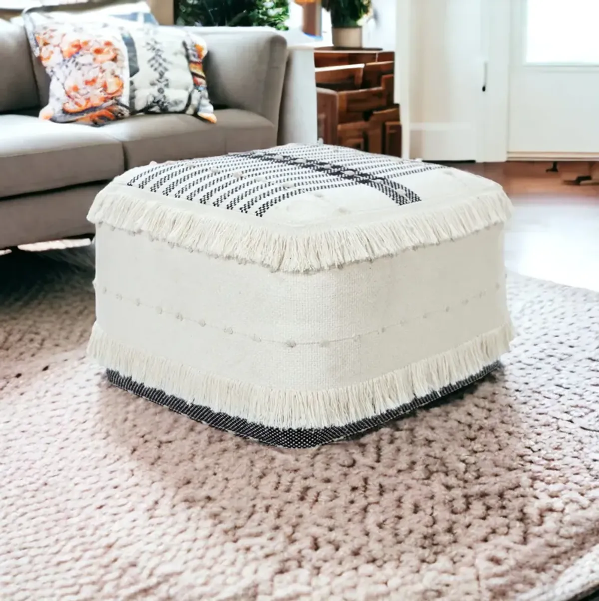 Cotton Ottoman Square - White / Black