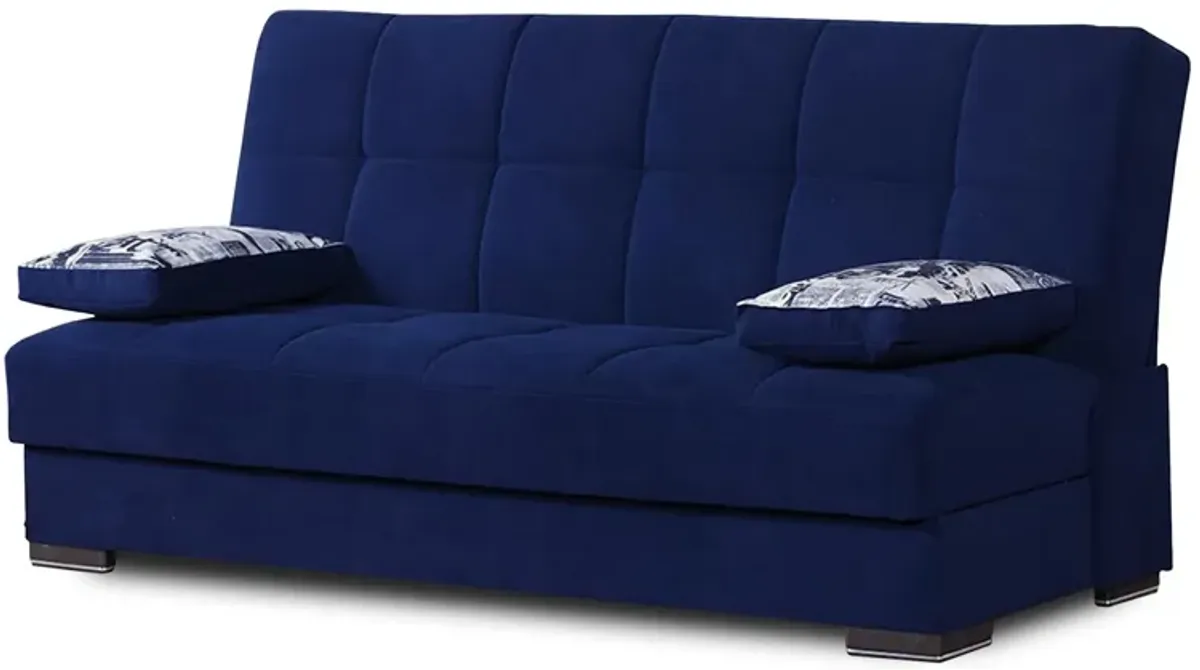 Chenille Sleeper Sofa And Toss Pillows With Brown Legs - Navy Blue