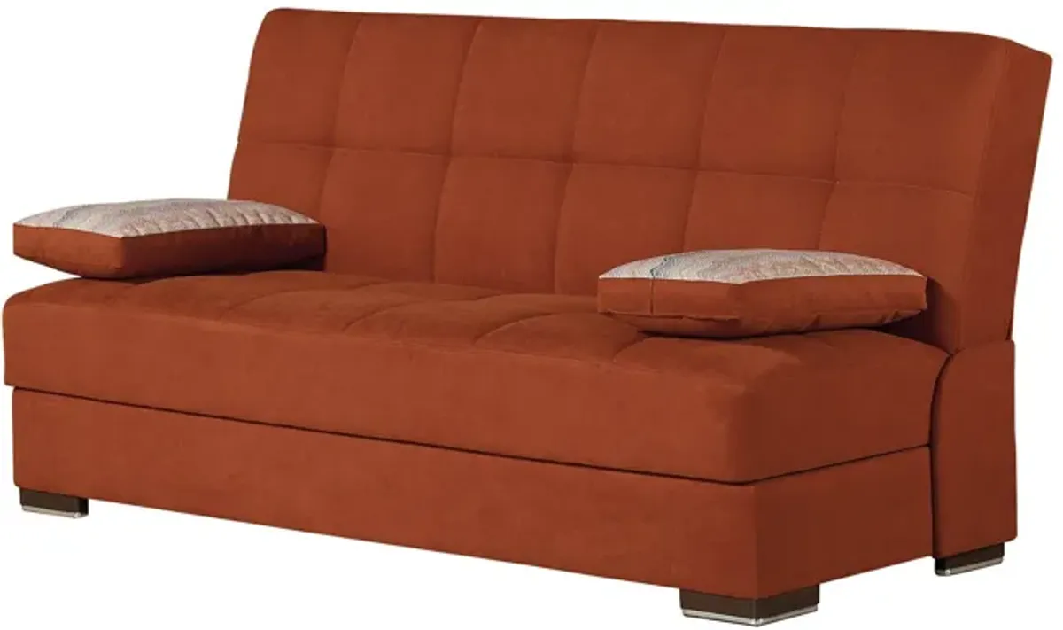 Chenille Sleeper Sofa And Toss Pillows With Brown Legs - Red