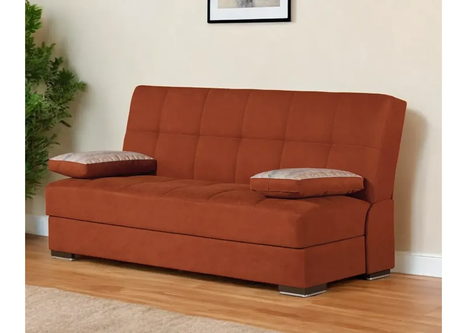 Chenille Sleeper Sofa And Toss Pillows With Brown Legs - Red