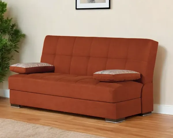 Chenille Sleeper Sofa And Toss Pillows With Brown Legs - Red