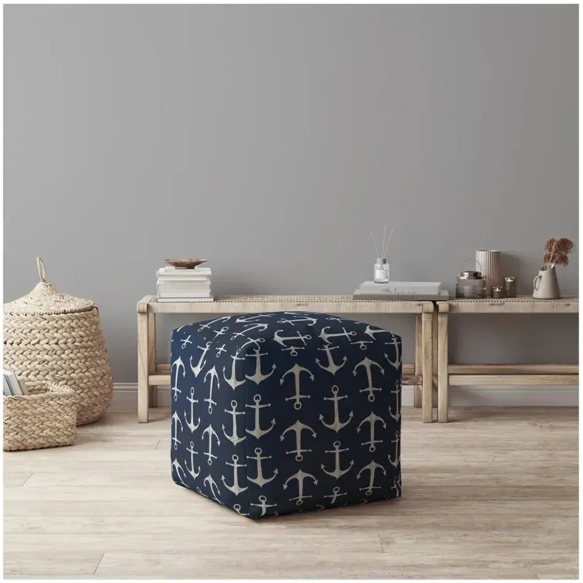 Twill Anchor Pouf Ottoman - Blue / Gray