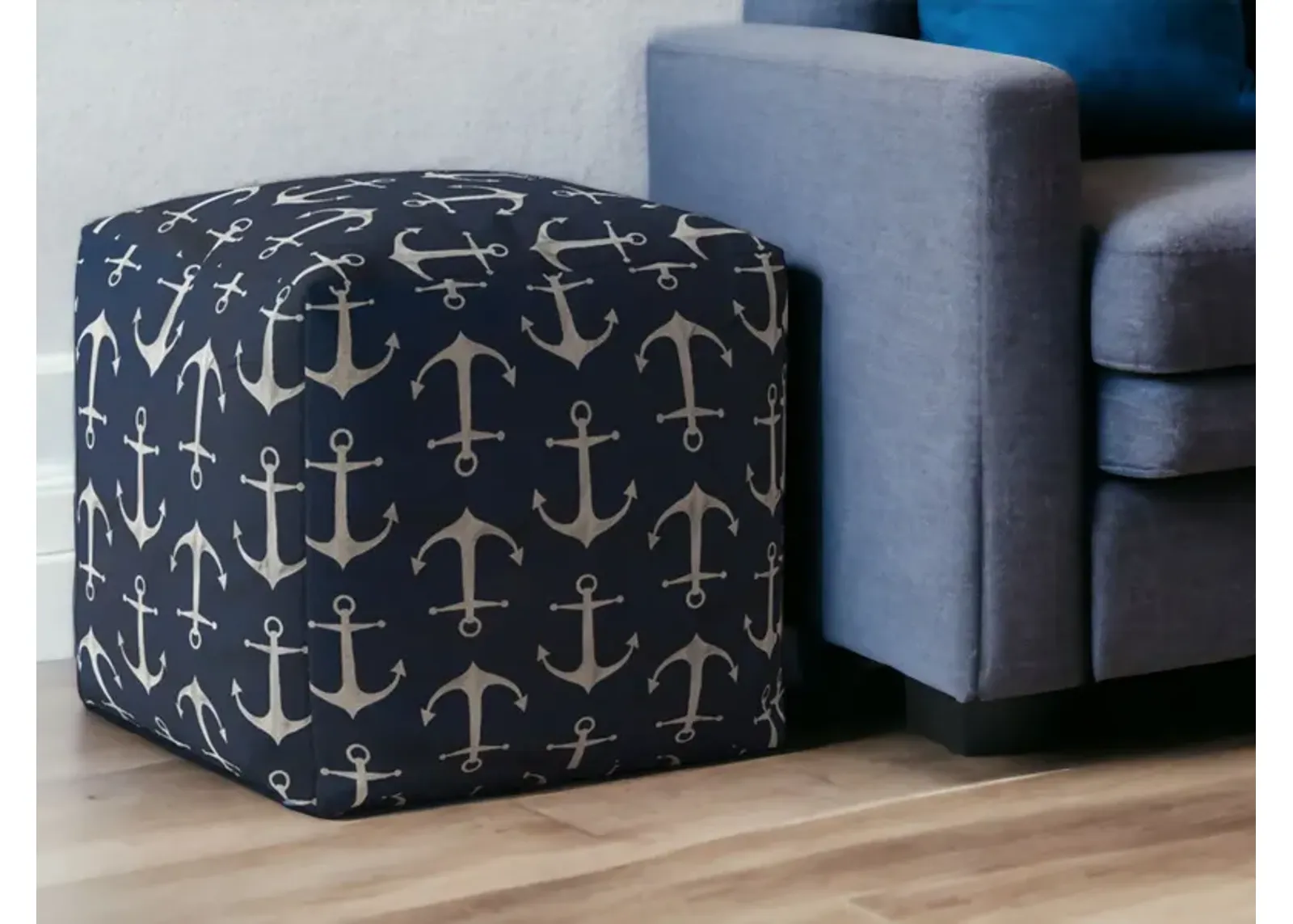 Twill Anchor Pouf Ottoman - Blue / Gray