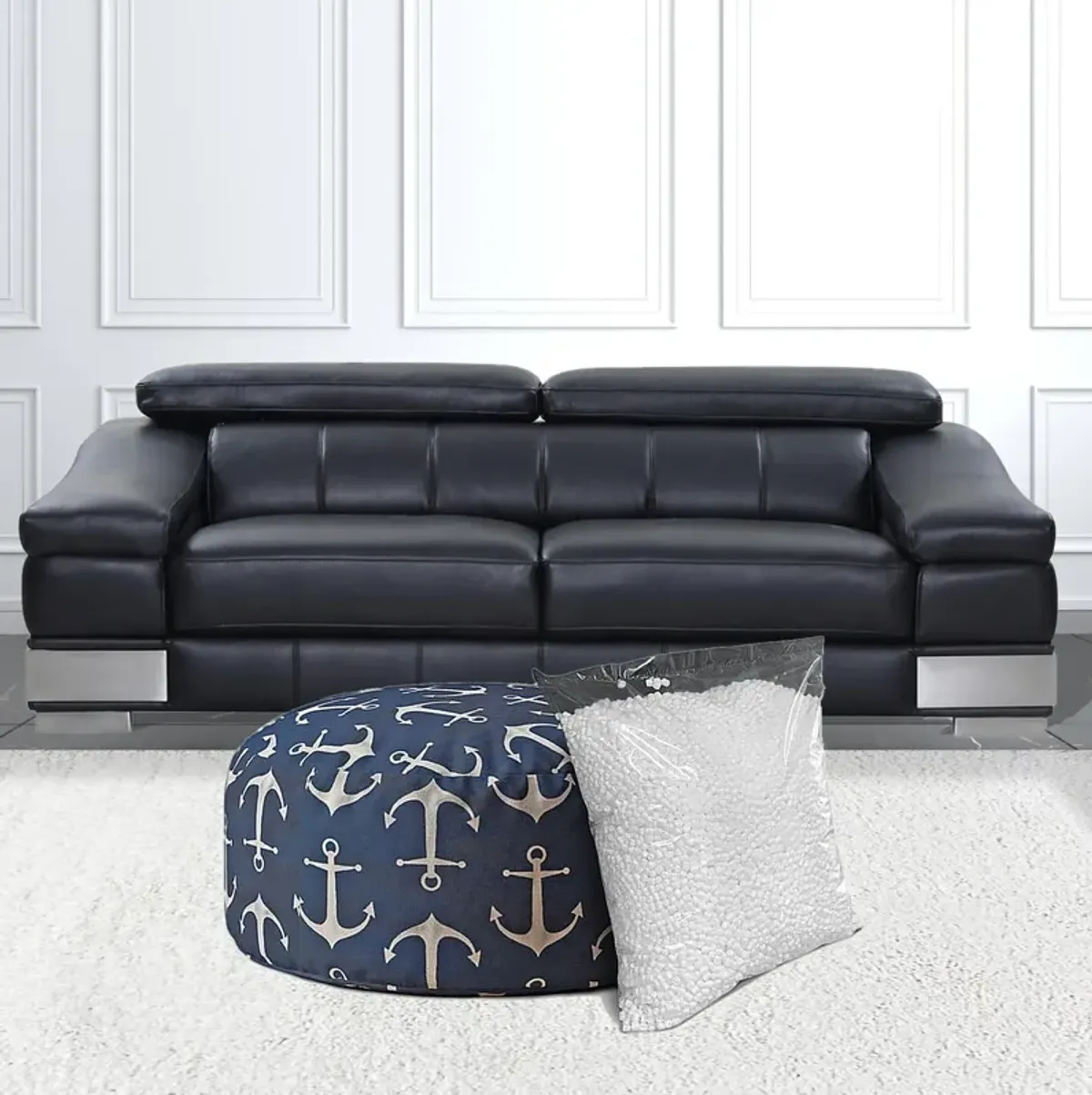 Twill Round Anchor Pouf Ottoman - Blue / Gray