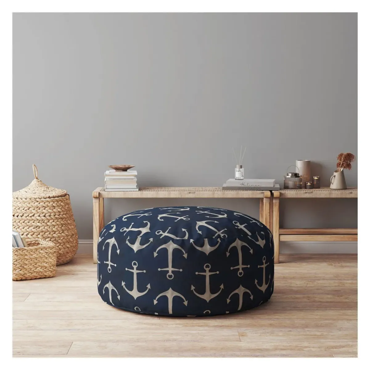 Twill Round Anchor Pouf Ottoman - Blue / Gray