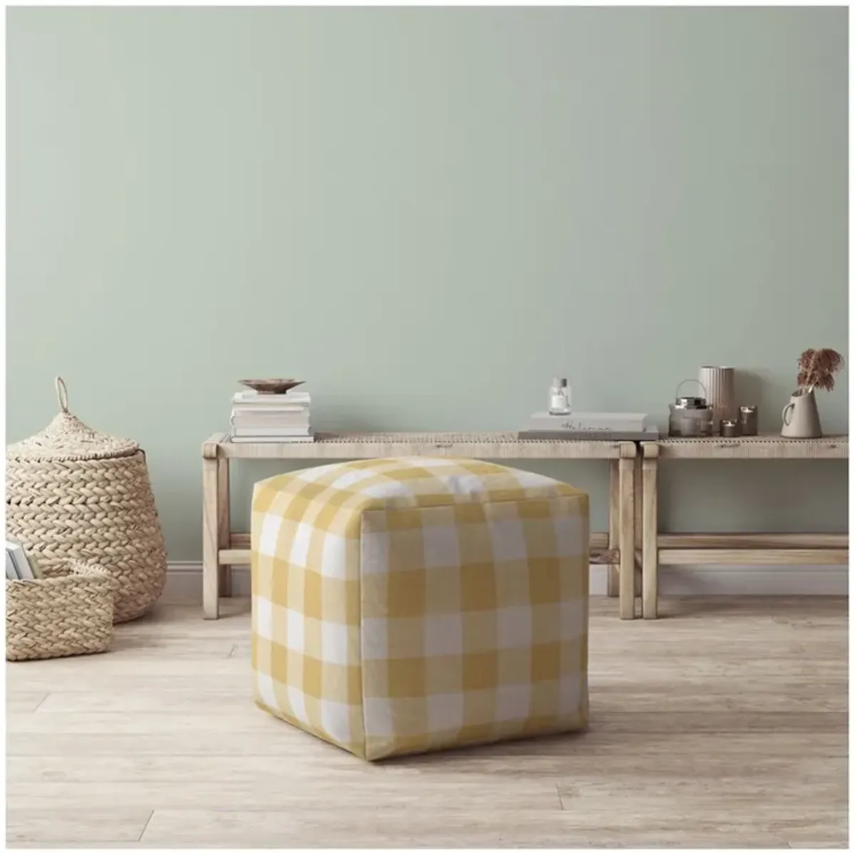 Canvas Gingham Pouf Ottoman - Yellow / White