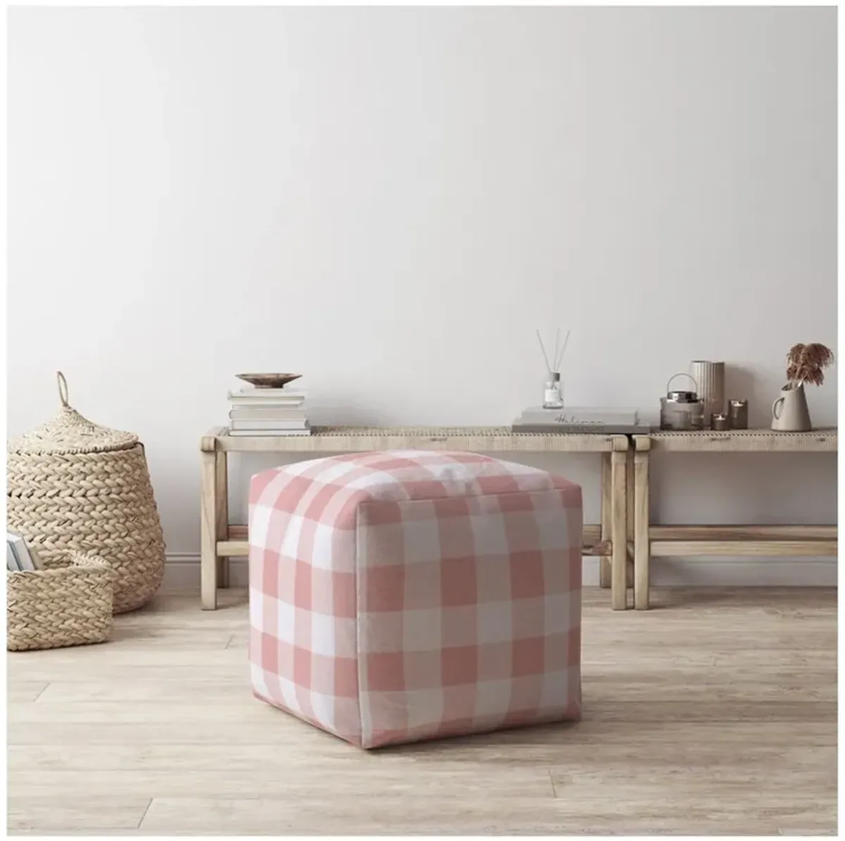 Cotton Gingham Pouf Ottoman - Pink / White