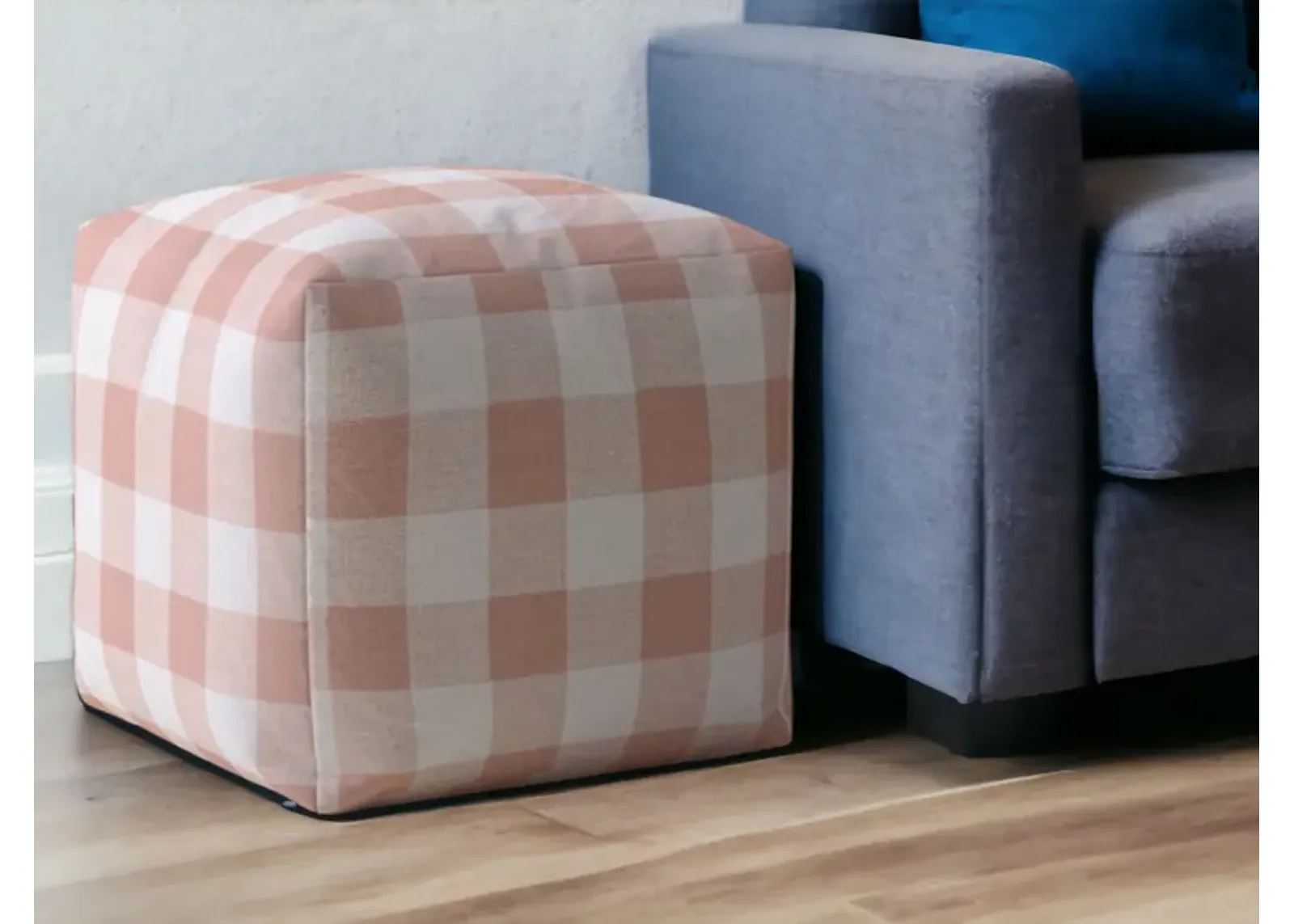 Cotton Gingham Pouf Ottoman - Pink / White