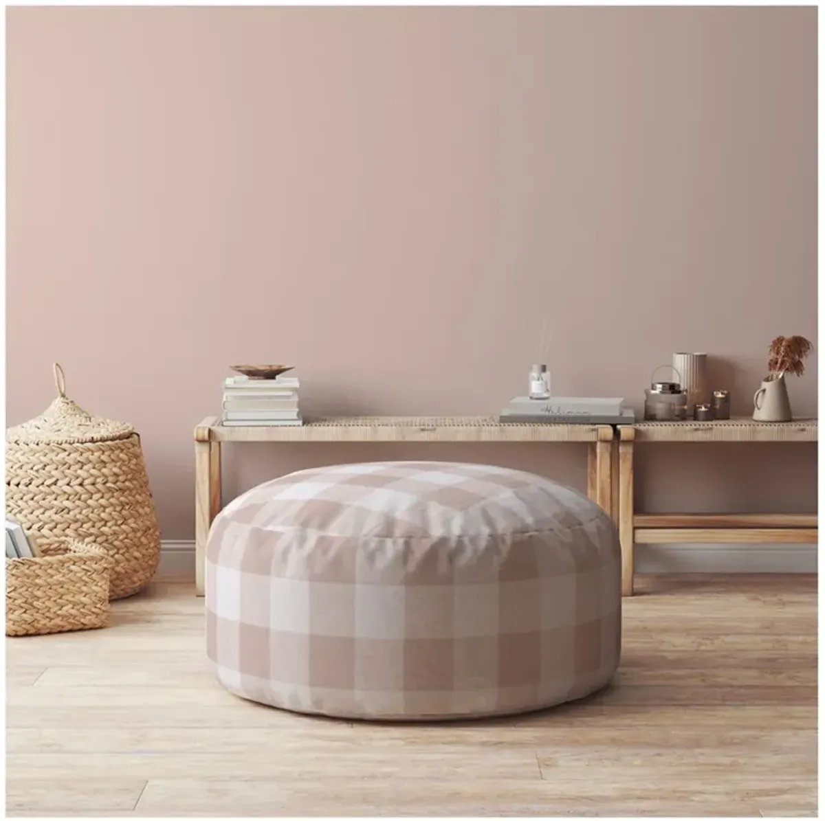 Cotton Round Gingham Pouf Ottoman - Pink / White