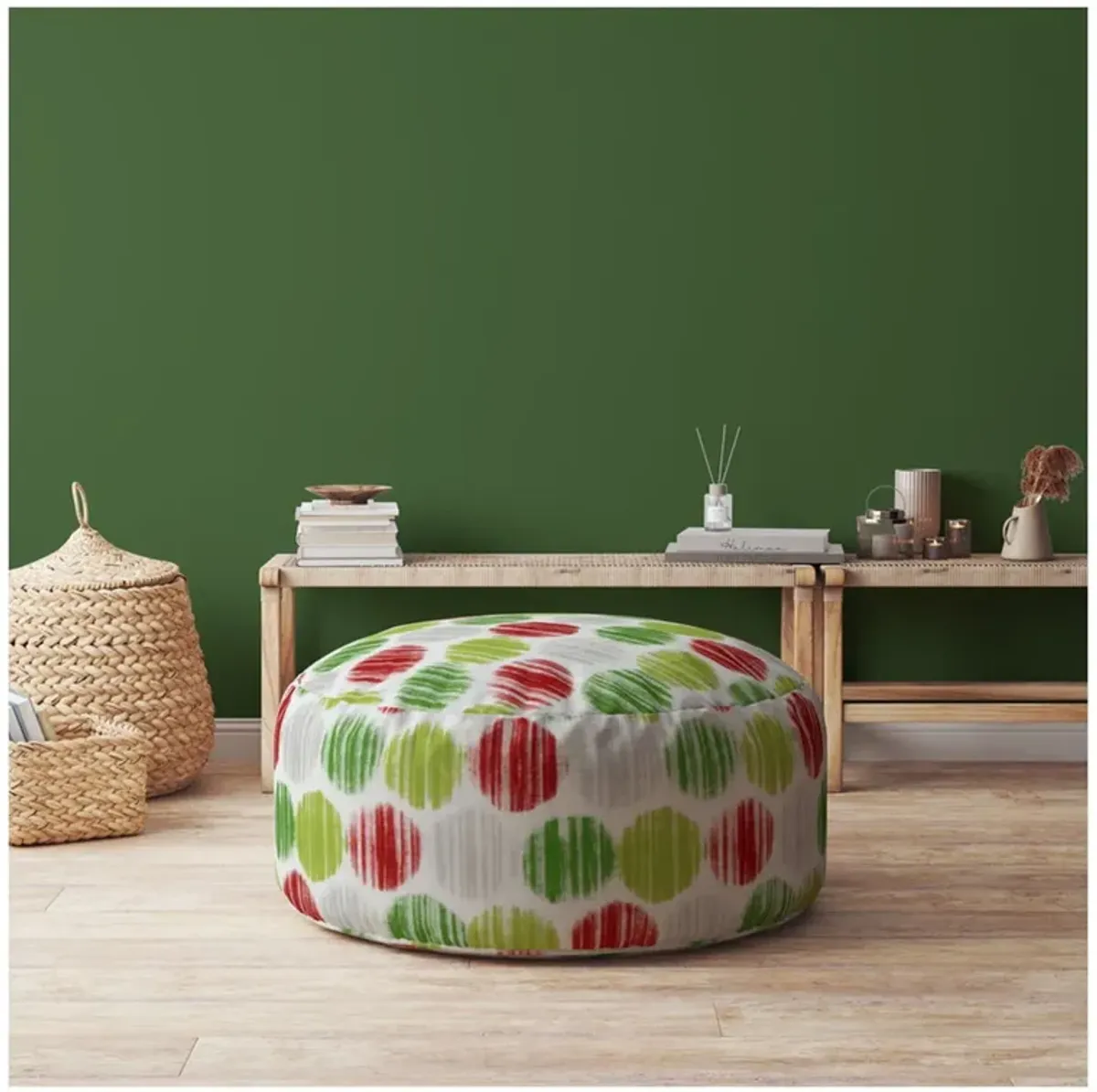 Cotton Round, Polka Dots Pouf Ottoman - Green / White