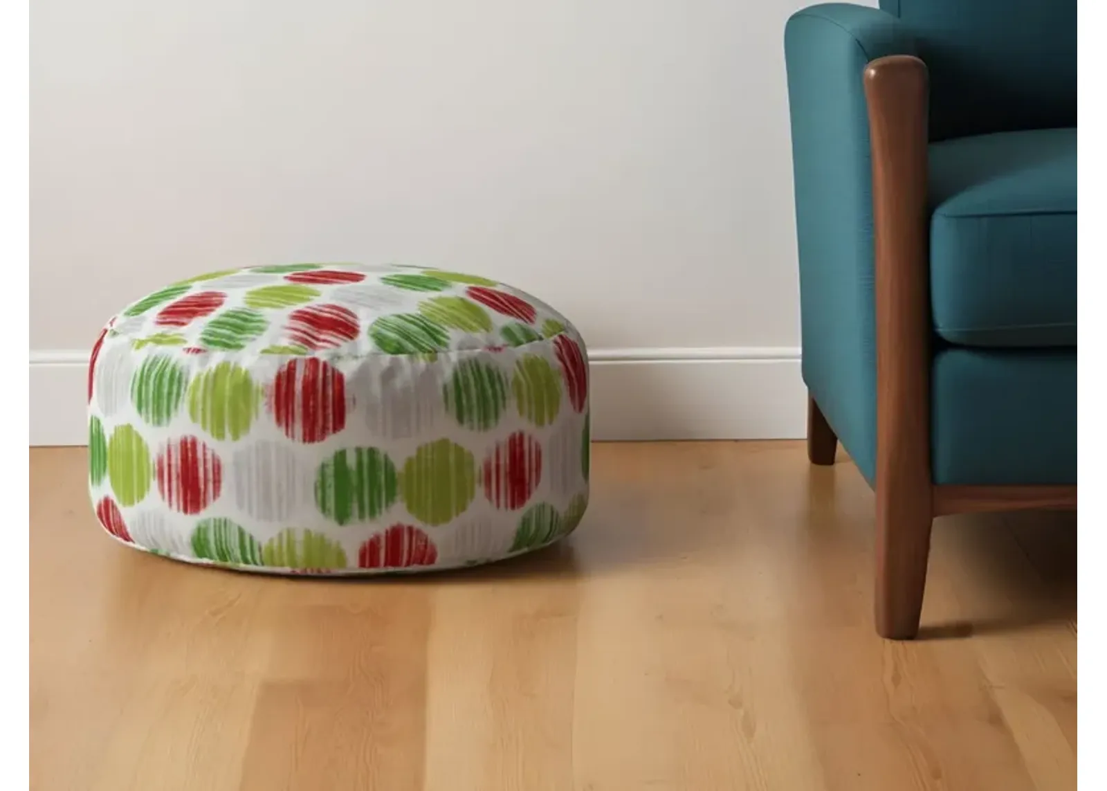 Cotton Round, Polka Dots Pouf Ottoman - Green / White