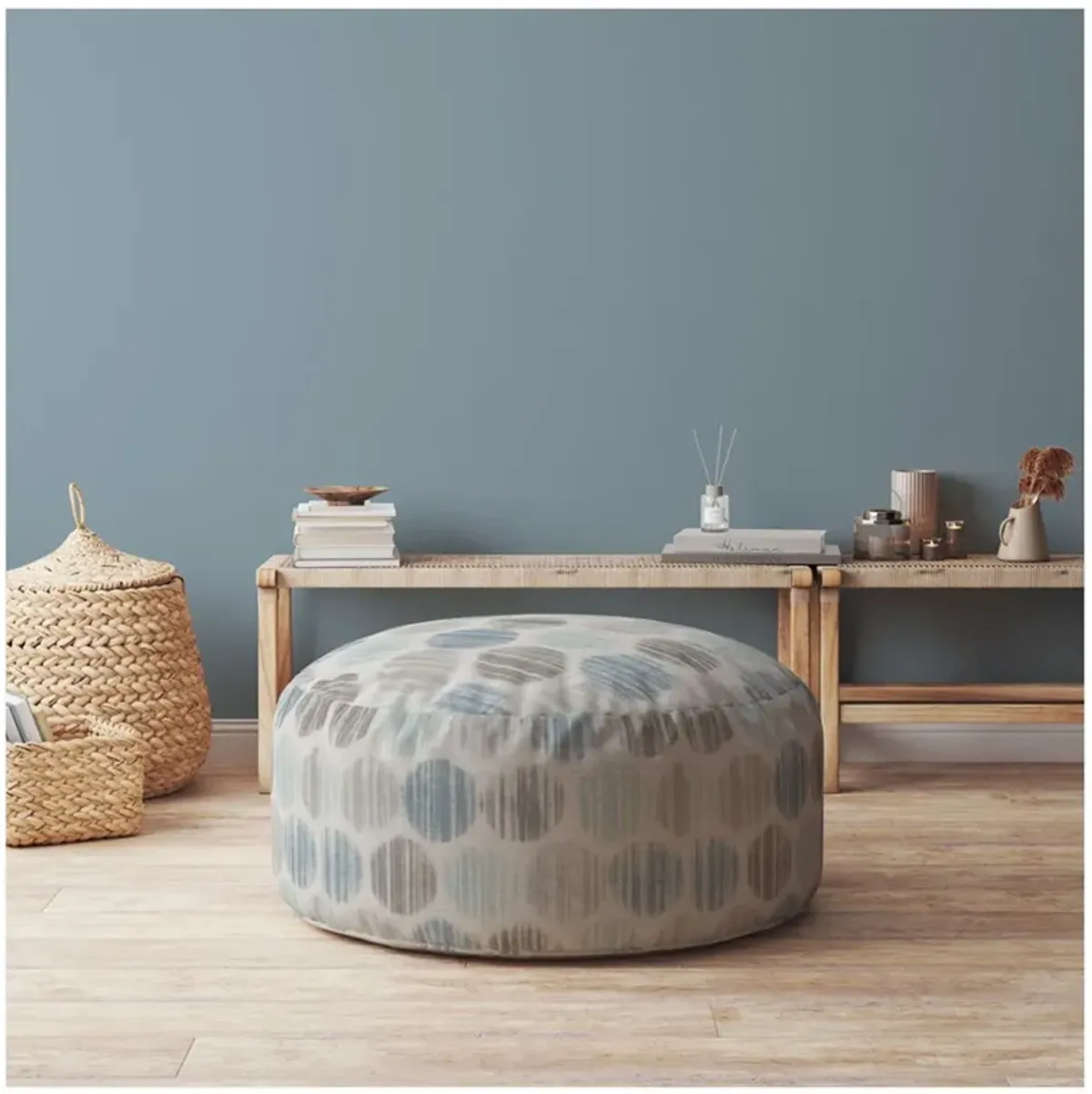 Cotton Round Polka Dots, Pouf Ottoman - Blue