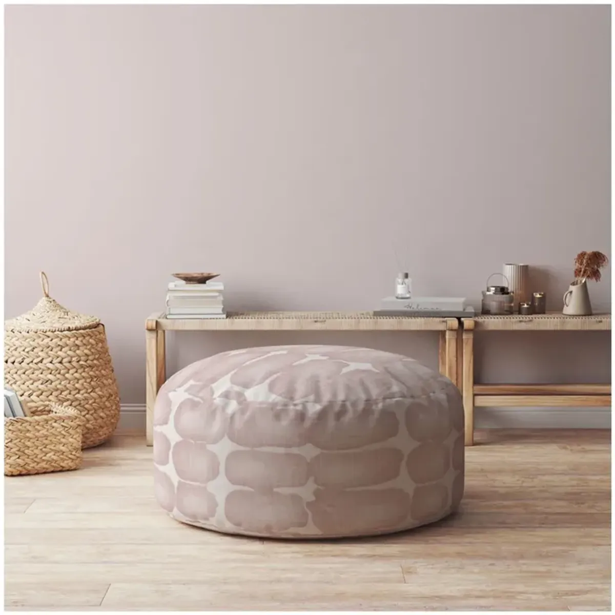 Canvas Round Abstract Pouf Ottoman - Pink / White