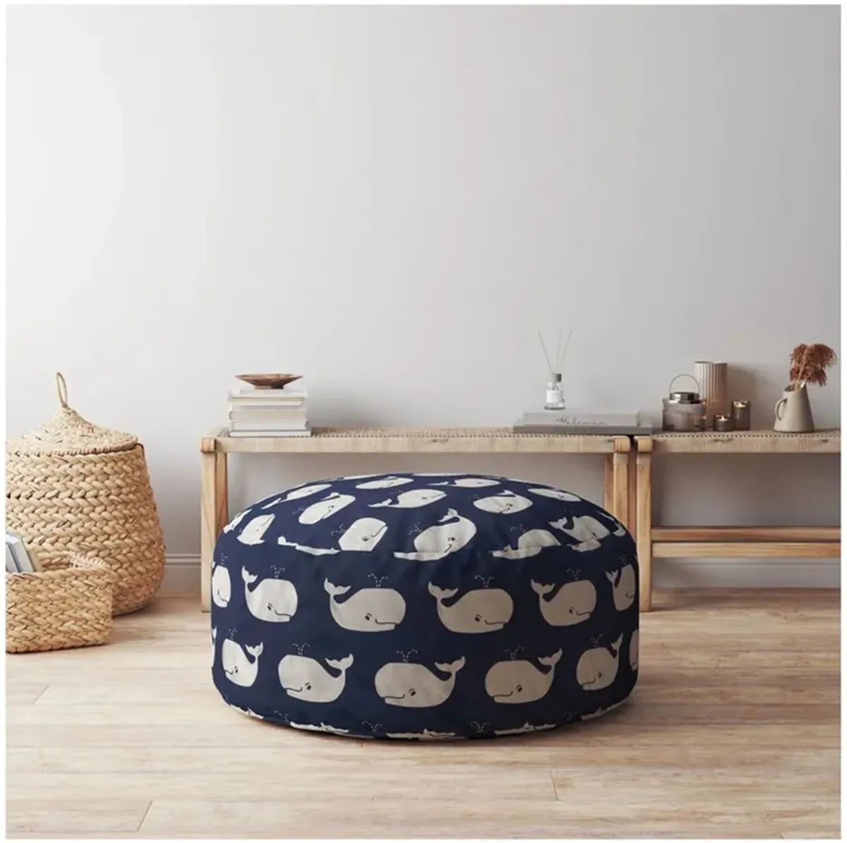 Twill Round Animal Print Pouf Ottoman - Blue / White